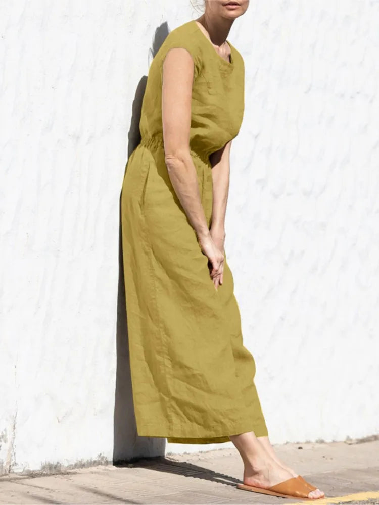 Combinaison en lin ample sans manches poches taille haute fluide