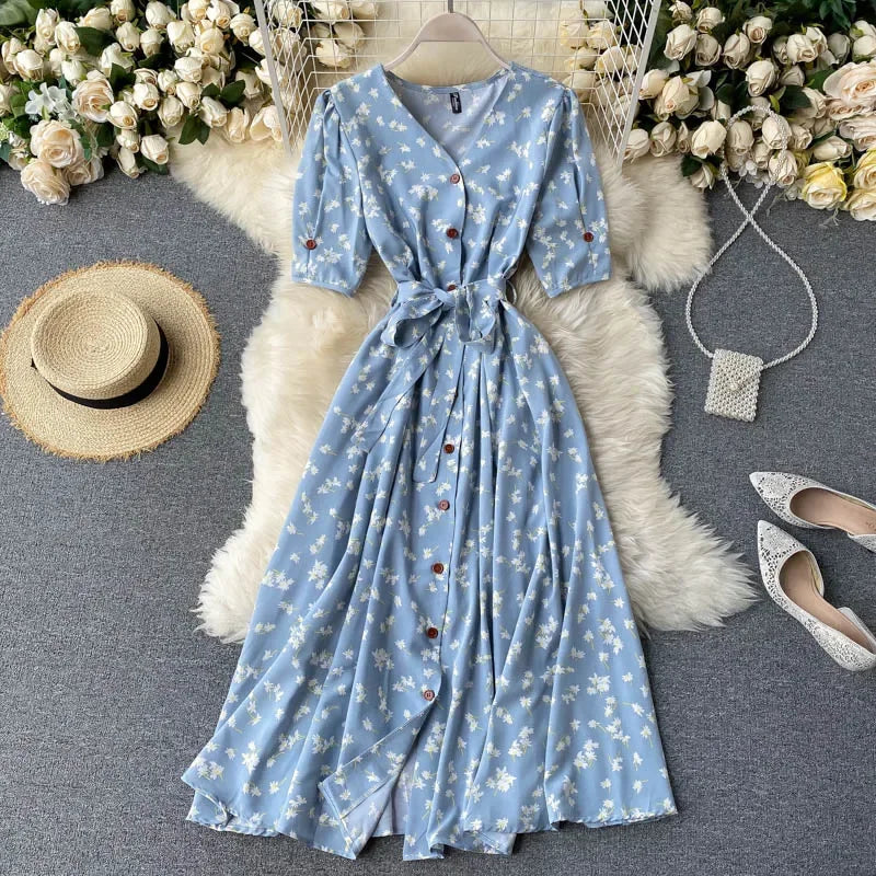 Midi floral dress with V-neck, puff sleeves and belt for women