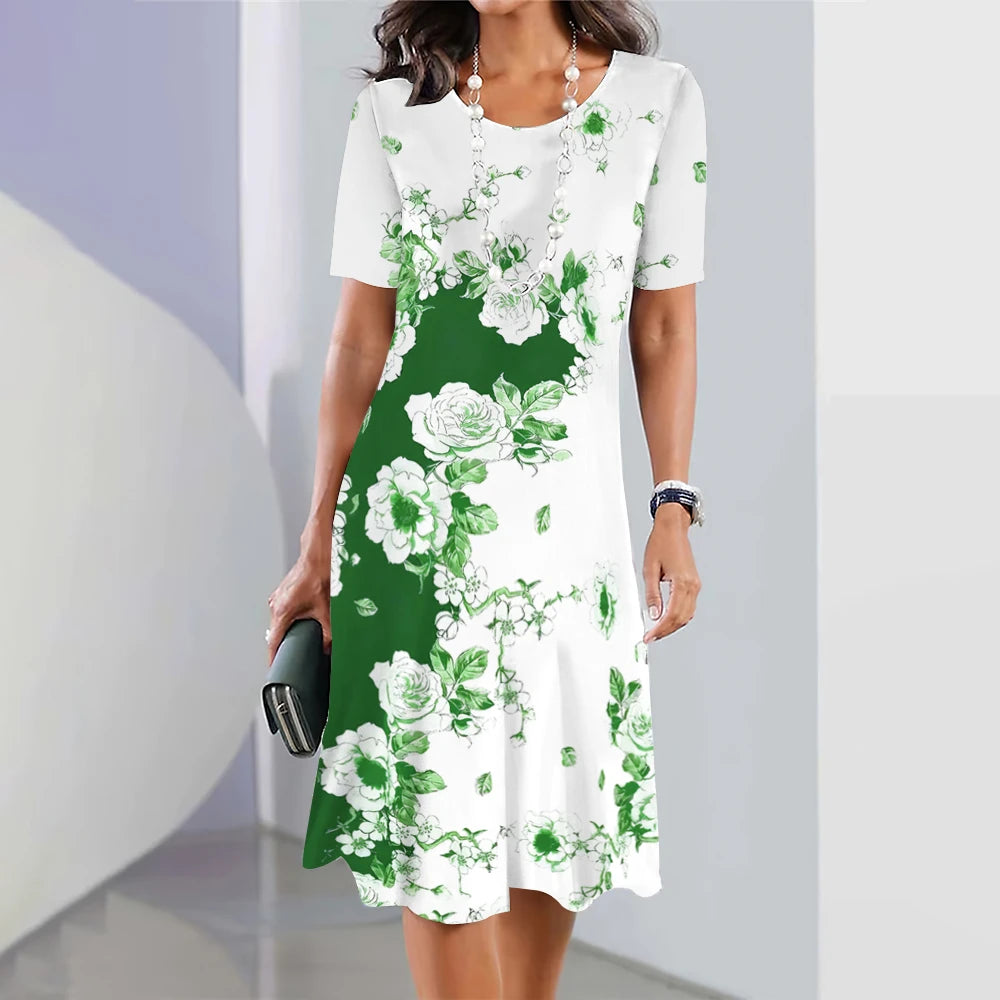 Floral midi dress for women – elegant with short sleeves and flowing