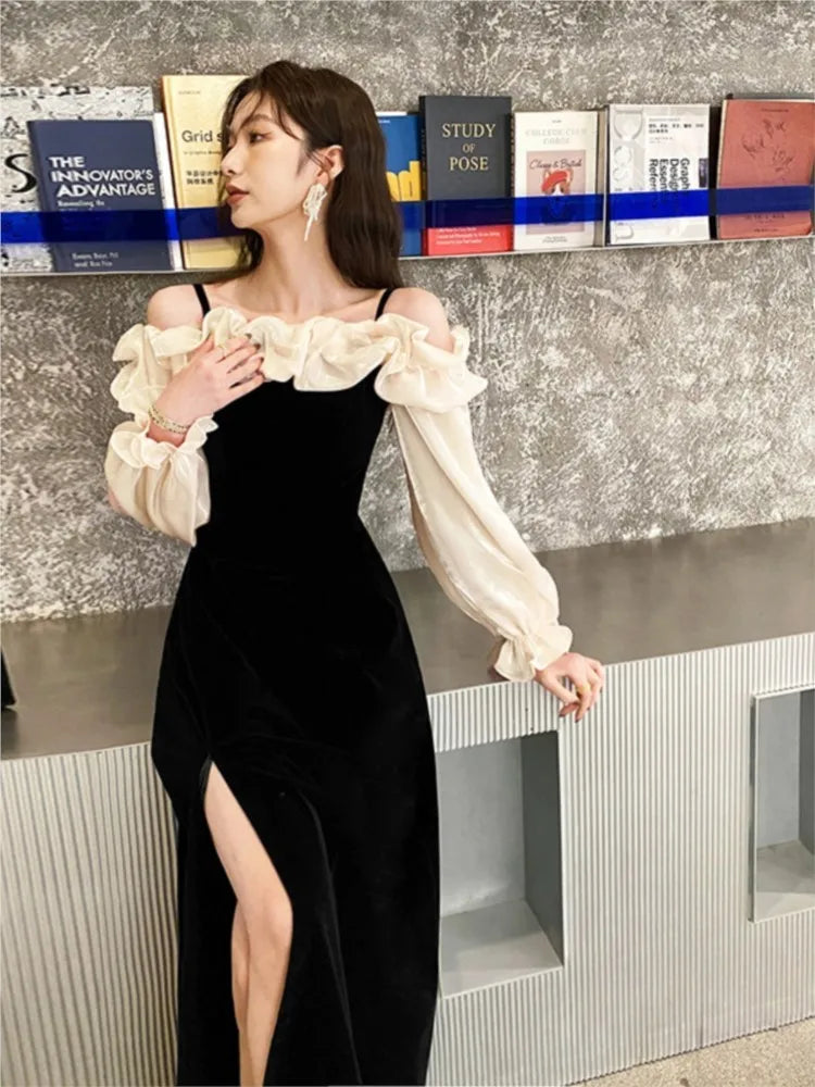 Elegant flounced hem dress with off-shoulder neckline & slit for women