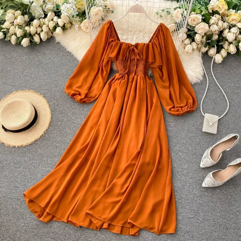 Fluid maxi dress with flounced hem, square neckline & balloon sleeves for women