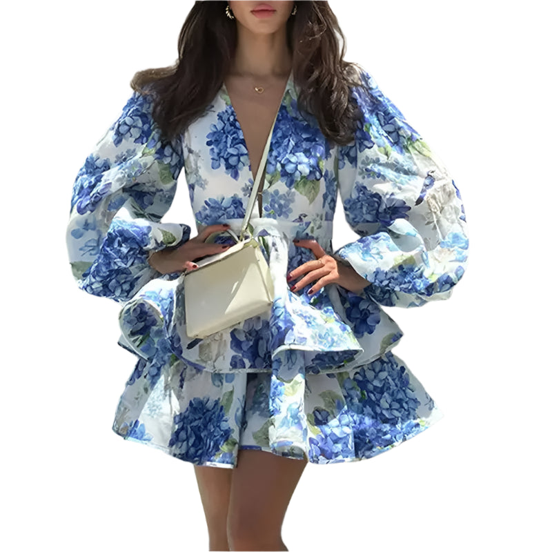 Dress with flounced hem, puff sleeves, and V-neck floral print for women