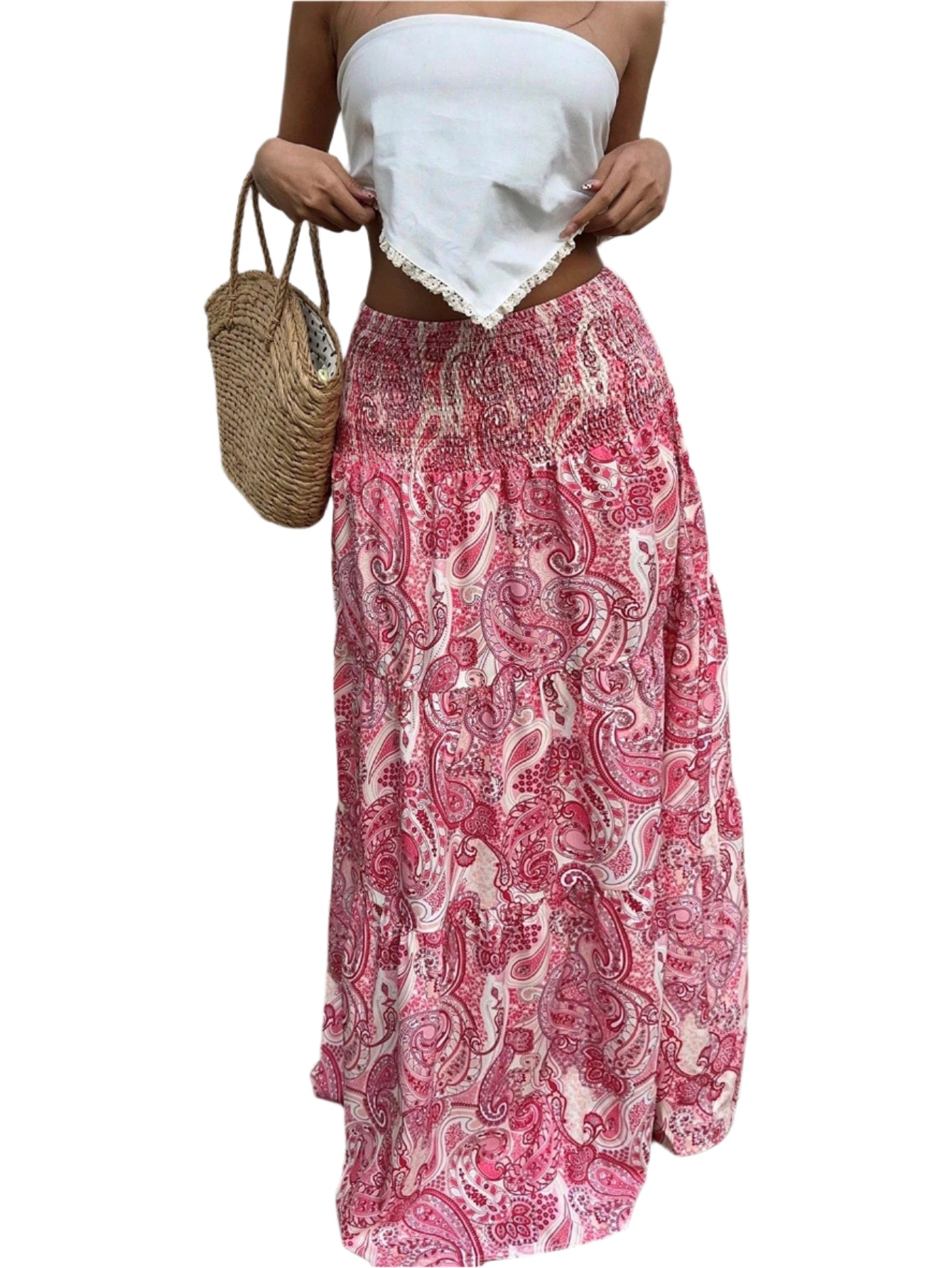 Long skirt bohemian style with paisley print - High waist elastic smocked