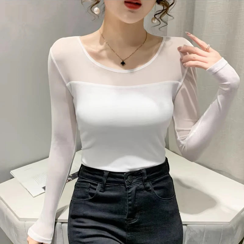 Slim round neck top in transparent mesh for women – chic long sleeves