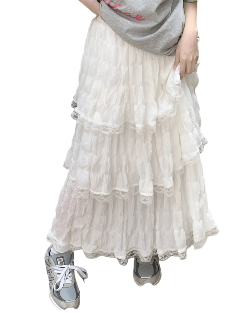 Long gothic skirt with layered lace ruffles - high waist and gathered