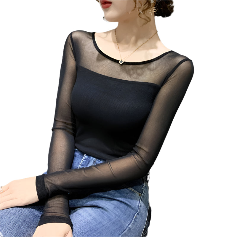 Slim round neck top in transparent mesh for women – chic long sleeves