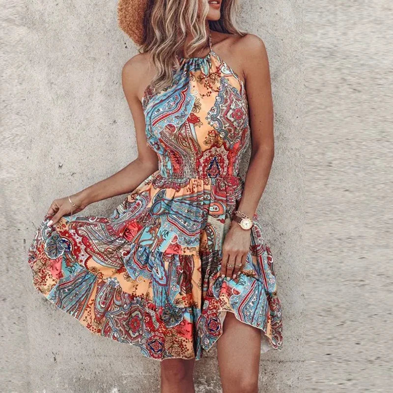 Mini robe dos nu fluide style bohème avec motif coloré et coupe confortable