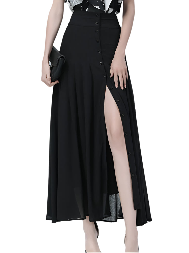 Elegant long high-waisted skirt with buttons on the front, side slit