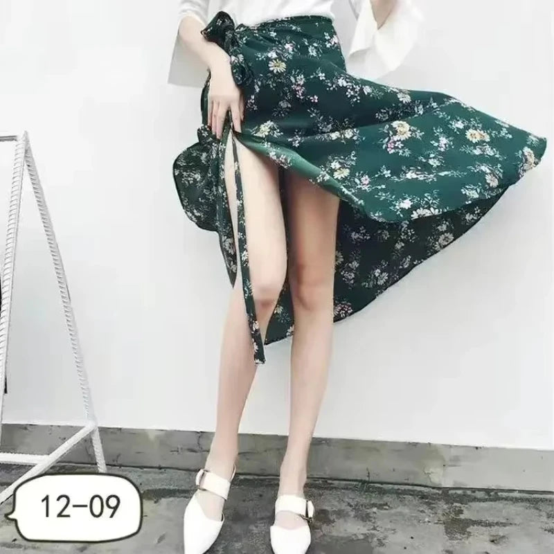 High-waisted long wrap skirt with floral details and slit for women