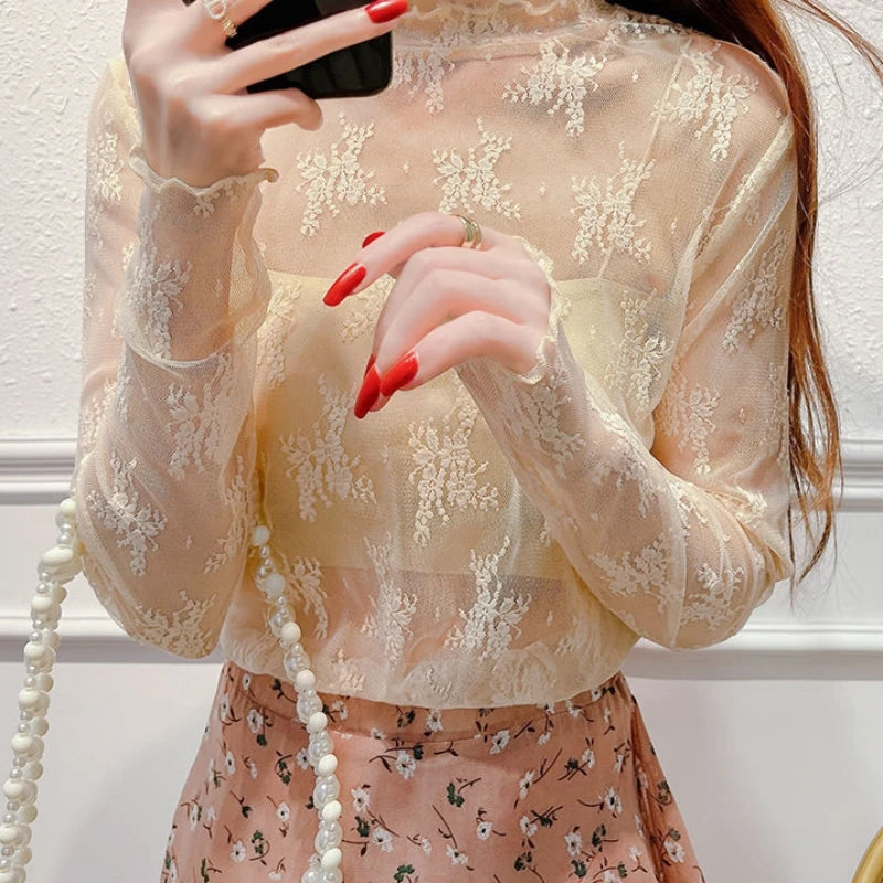 Transparent mesh top with long floral lace sleeves for women