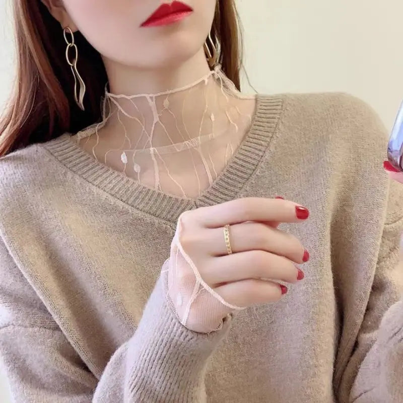 Elegant transparent mesh top for women – slim long sleeves