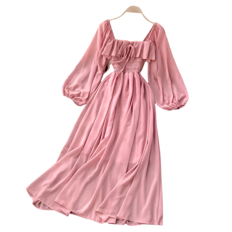 Fluid maxi dress with flounced hem, square neckline & balloon sleeves for women