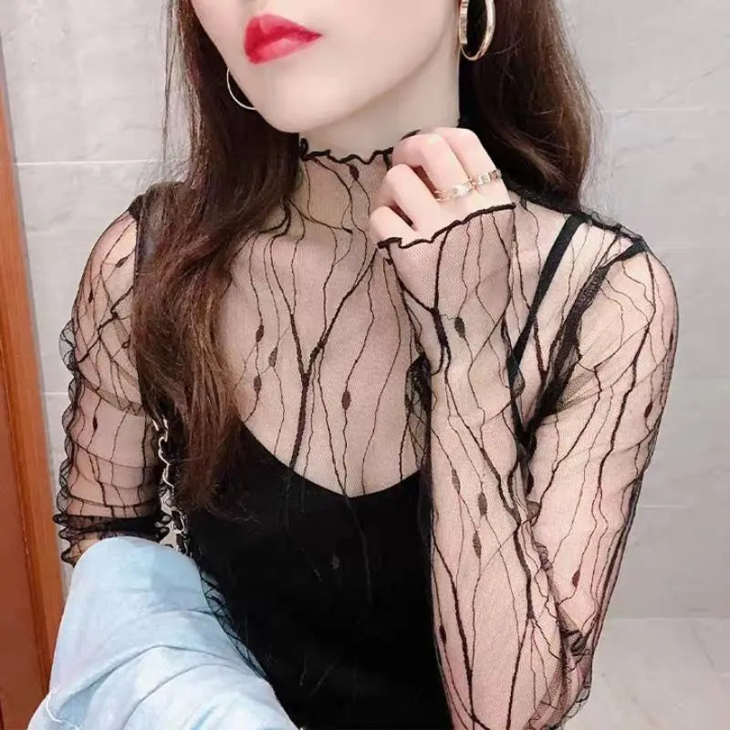 Elegant transparent mesh top for women – slim long sleeves