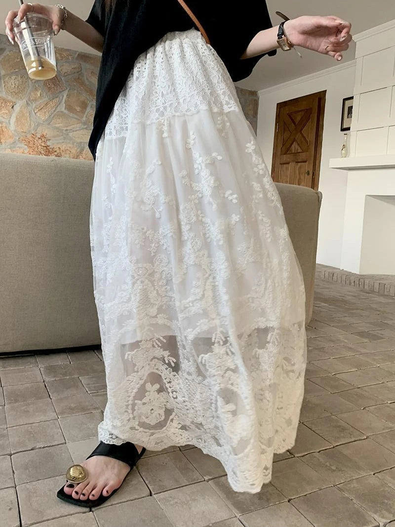 Long trapeze skirt high waist with lace, openwork details - elegant and soft
