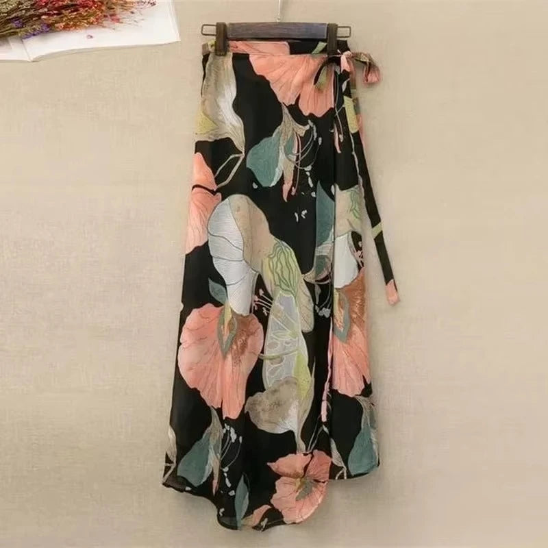 High-waisted long wrap skirt with floral details and slit for women