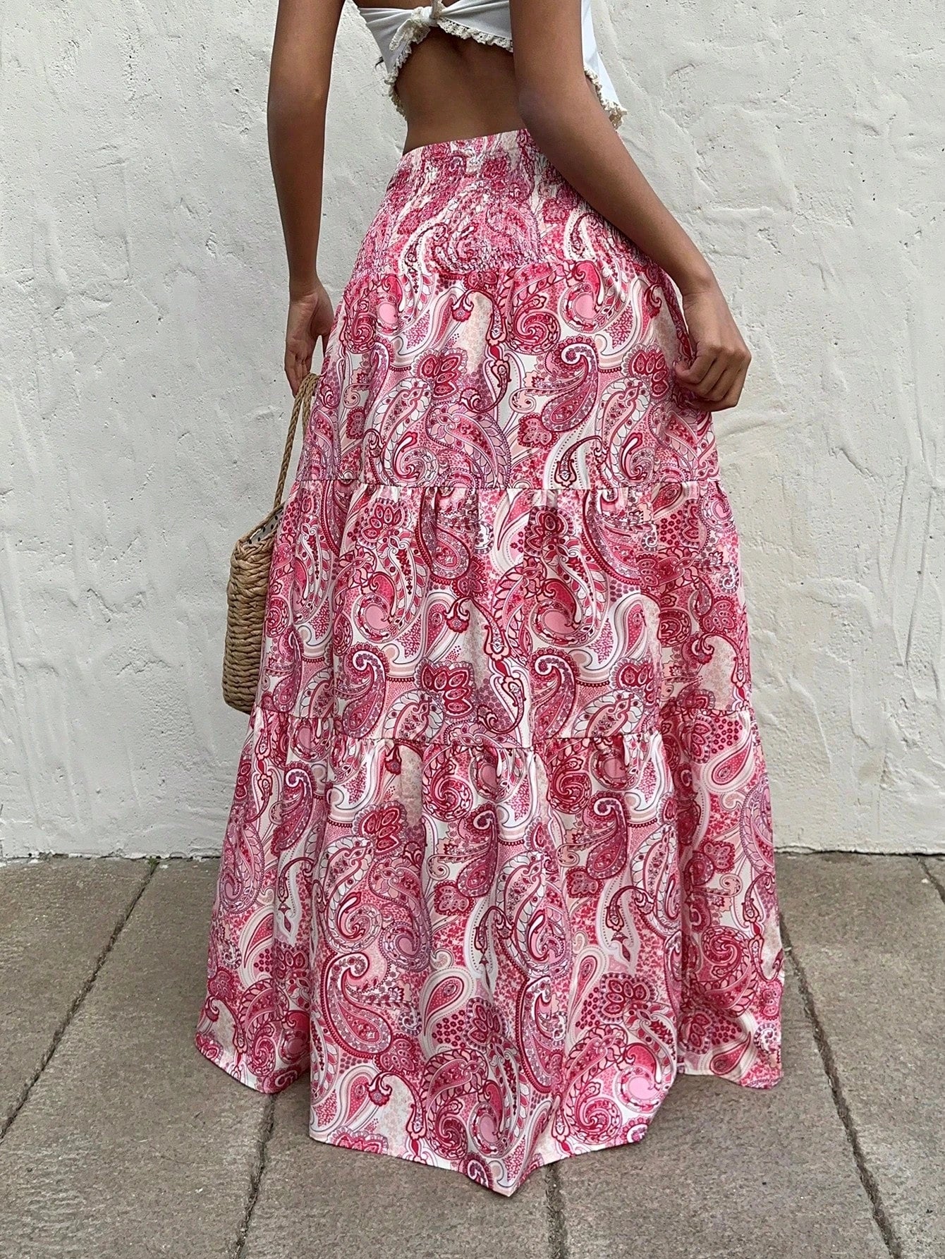 Long skirt bohemian style with paisley print - High waist elastic smocked