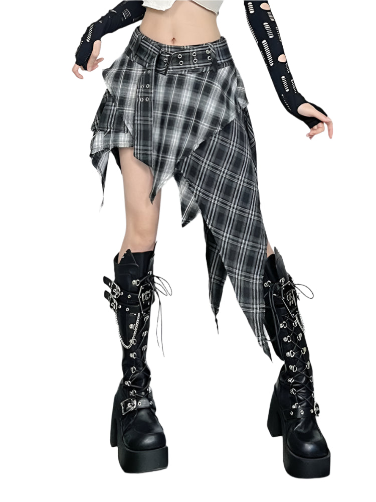 Jupe portefeuille asymétrique à carreaux style punk streetwear pour femme