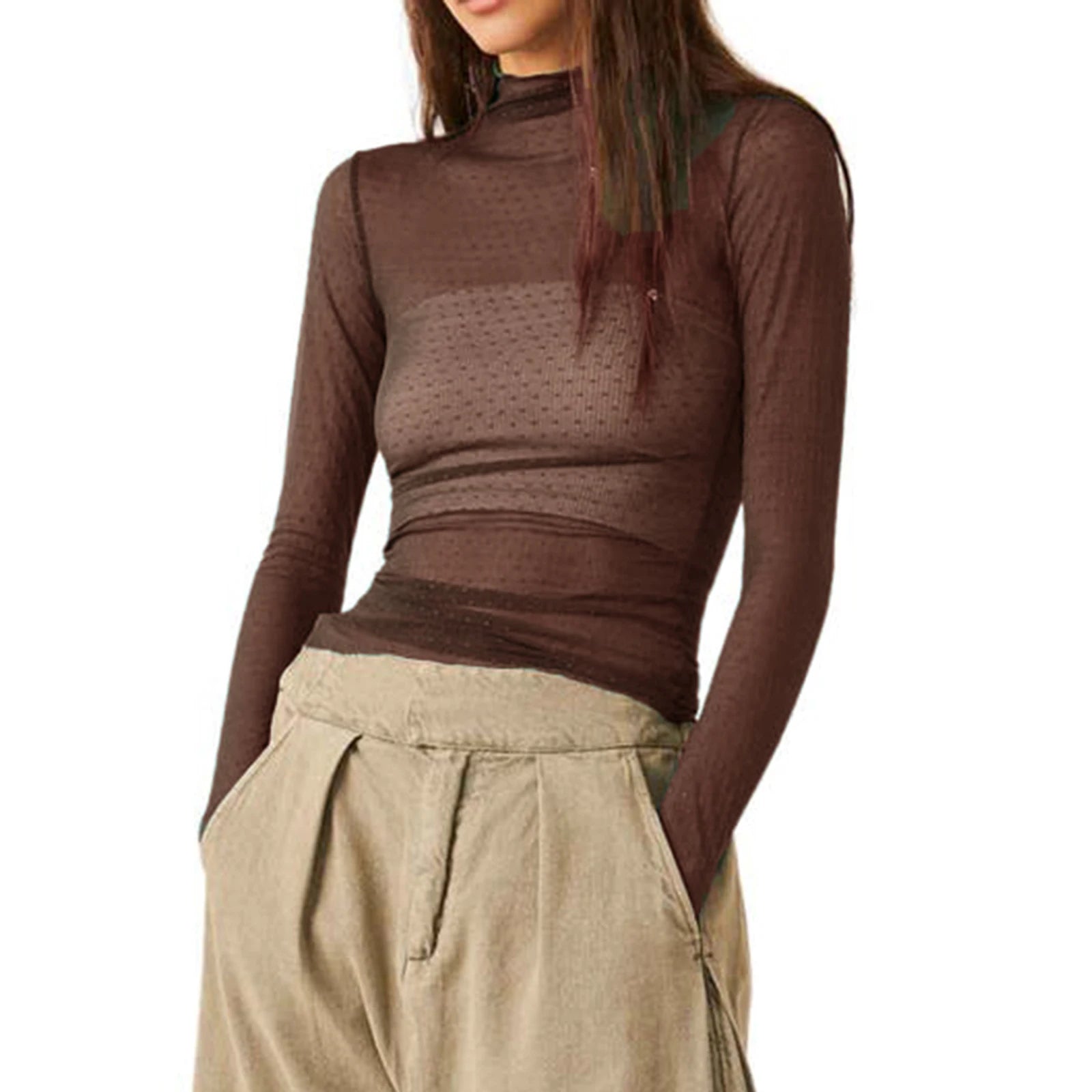 Transparent mesh top with high collar for women – long short sleeves
