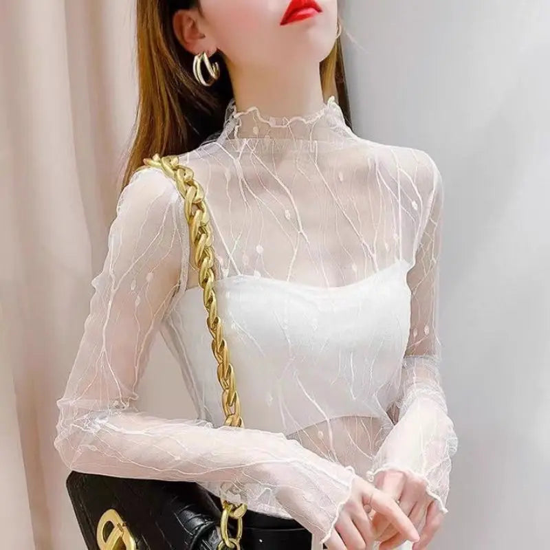 Elegant transparent mesh top for women – slim long sleeves