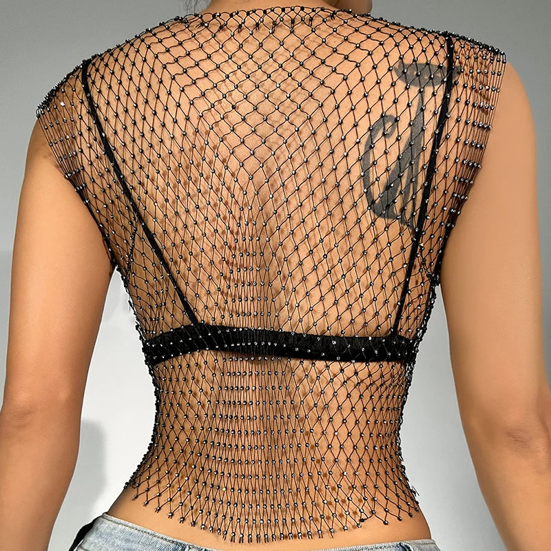 Sleeveless transparent mesh top decorated with rhinestones for women