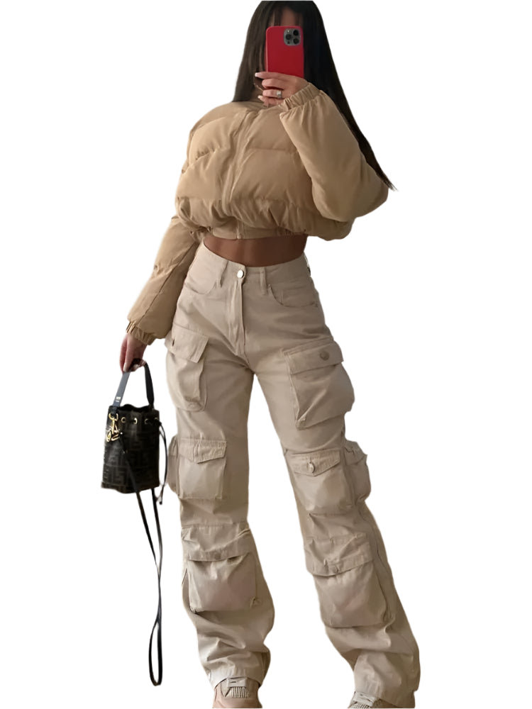 Pantalon utilitaire taille haute multi-poches – Streetwear ample pour femme