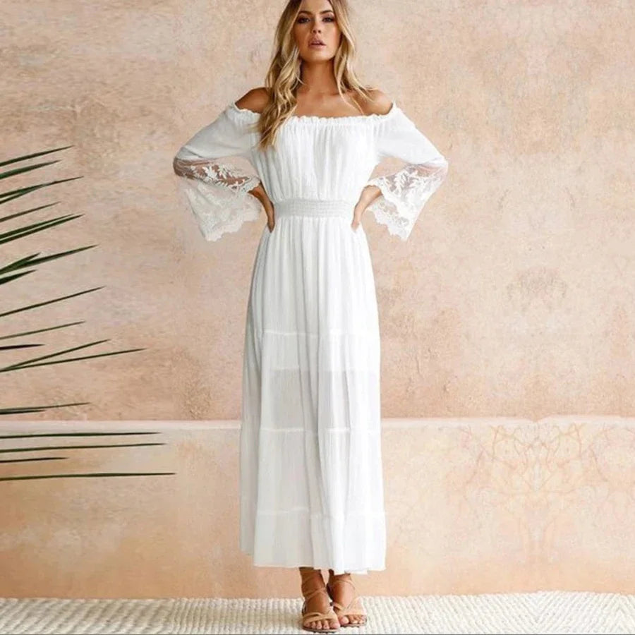 Robe longue d'été à manches évasées et épaules dénudées - Style bohème chic pour femme