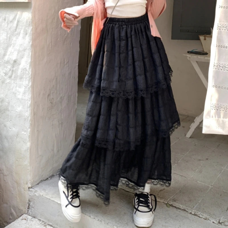 Long gothic skirt with layered lace ruffles - high waist and gathered