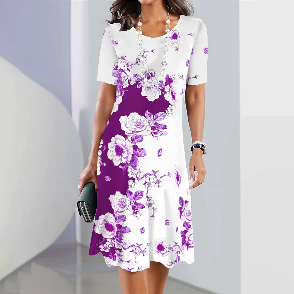 Floral midi dress for women – elegant with short sleeves and flowing