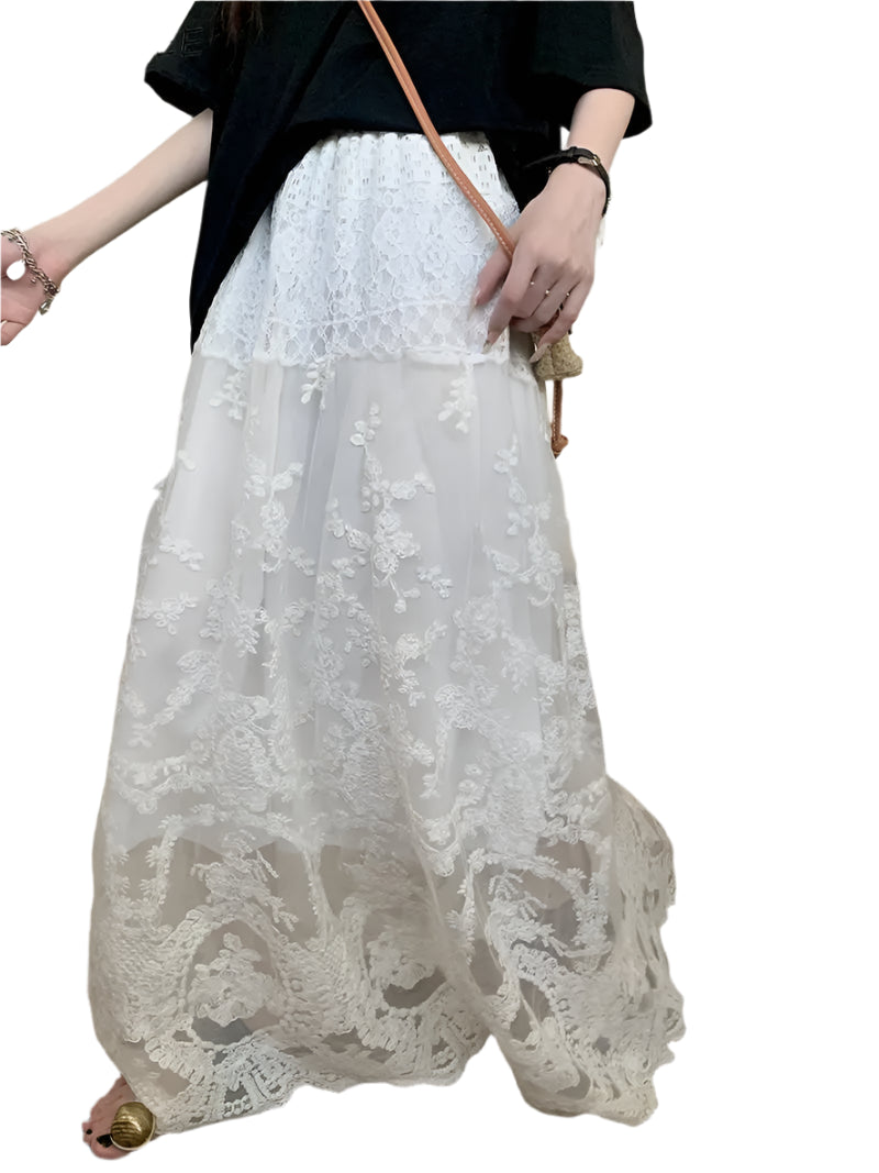 Long trapeze skirt high waist with lace, openwork details - elegant and soft