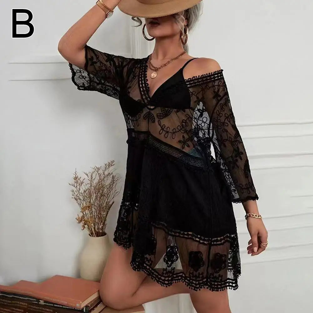 Bohemian beach swimsuit cover-up dress in mesh and lace for women