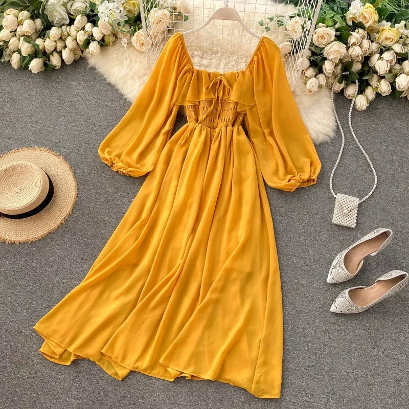 Fluid maxi dress with flounced hem, square neckline & balloon sleeves for women