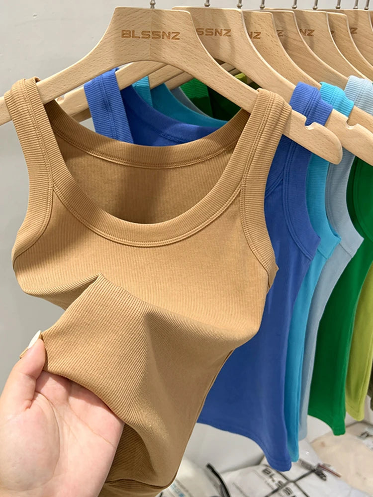 Elastic ribbed knit sleeveless round neck tank tops for women