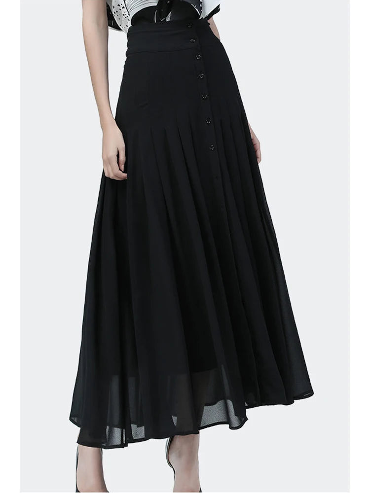 Elegant long high-waisted skirt with buttons on the front, side slit