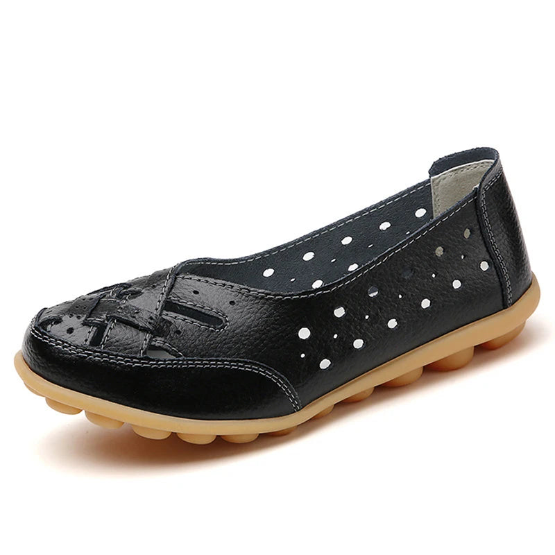 Soft leather ballerinas with comfortable breathable hollow slip-on sole