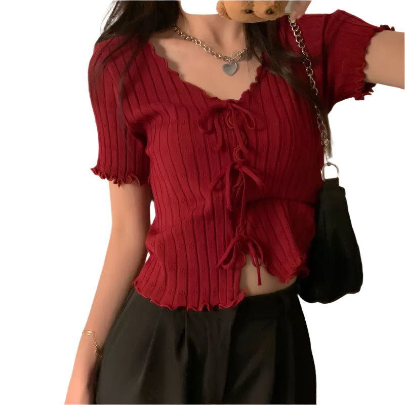 Haut en tricot Coquette col V avec bandage côtelé et manches courtes