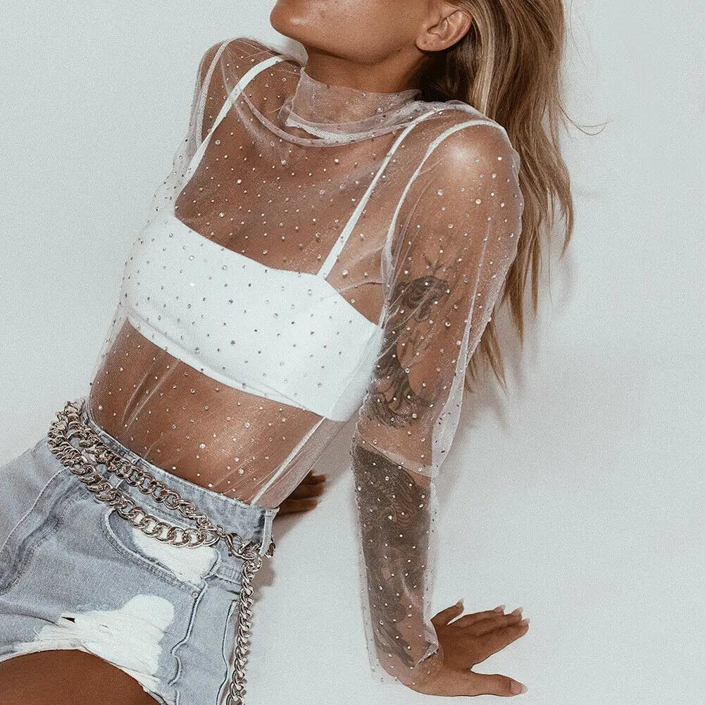 Trendy short transparent mesh sequin top for women