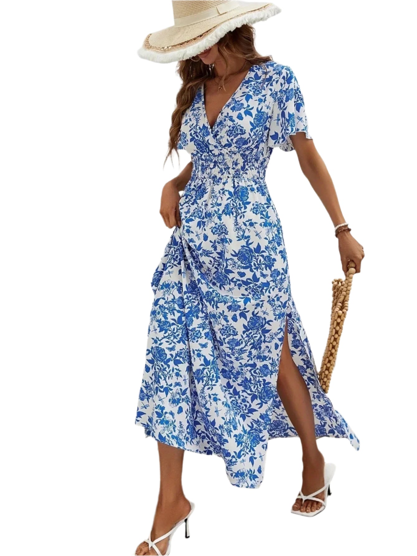 Elegant flowy floral midi dress with side slit, ideal for summer