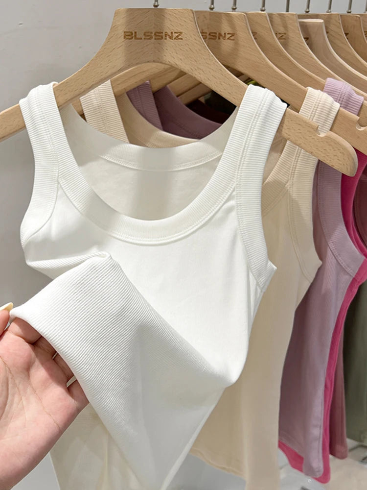 Elastic ribbed knit sleeveless round neck tank tops for women