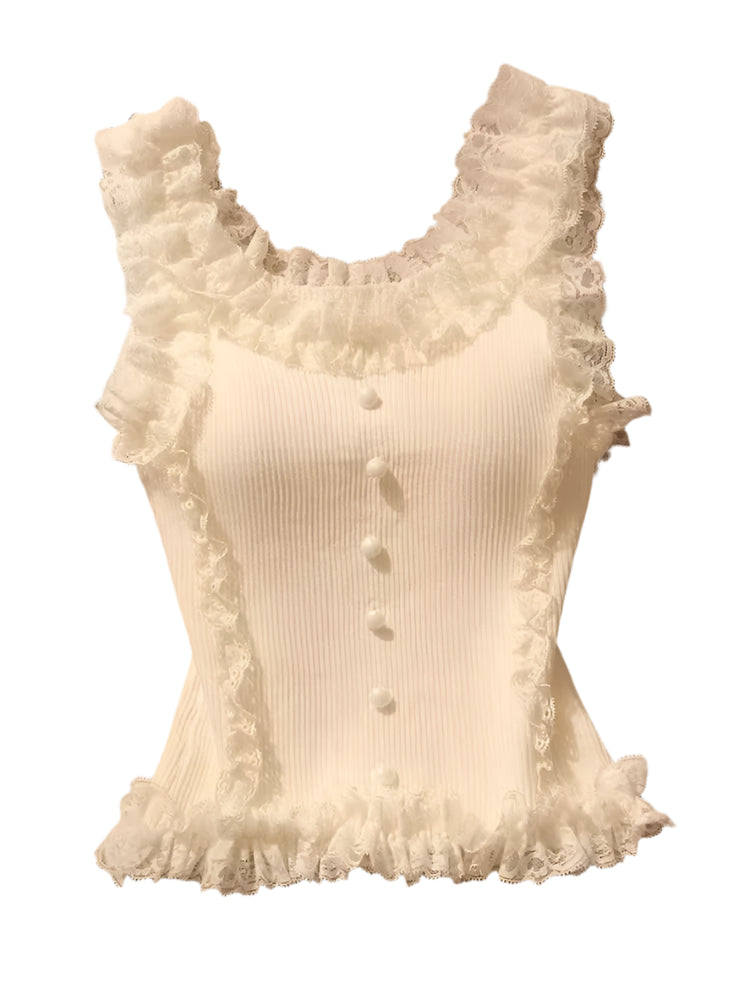 Haut coquette en maille patchwork de dentelle avec volants et col en U