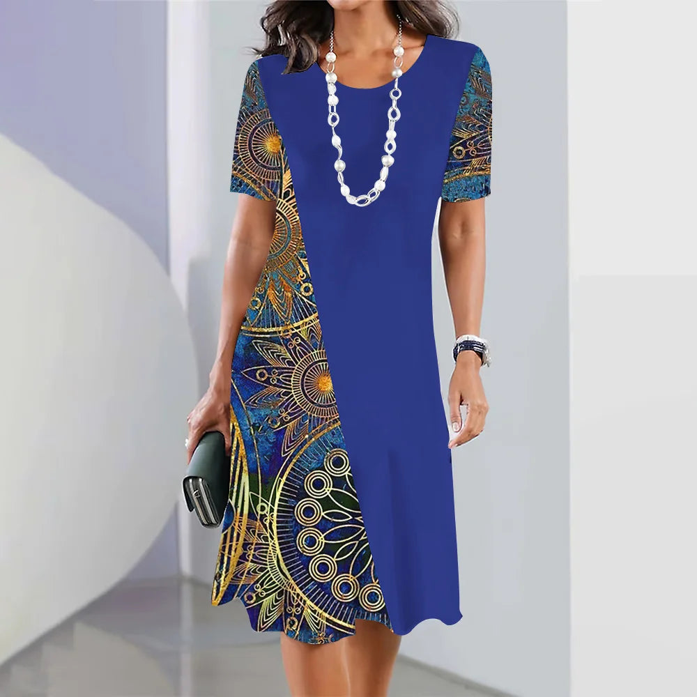 Floral midi dress with short sleeves, loose and elegant for women