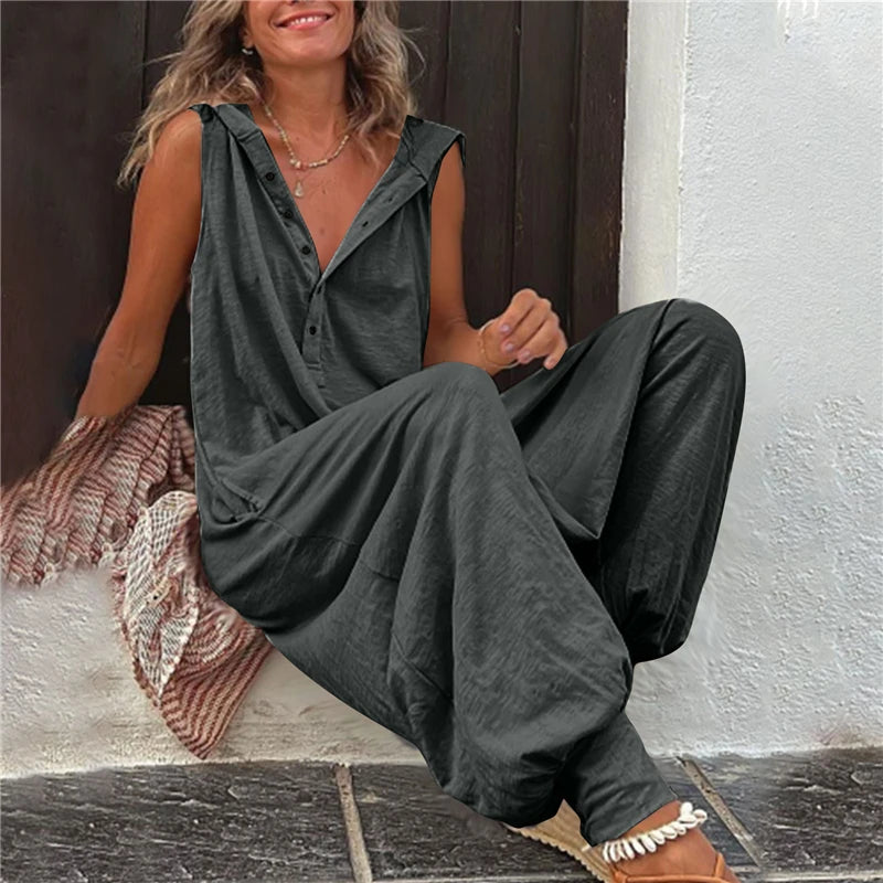 Combinaison en lin ample streetwear vintage avec capuche et poches