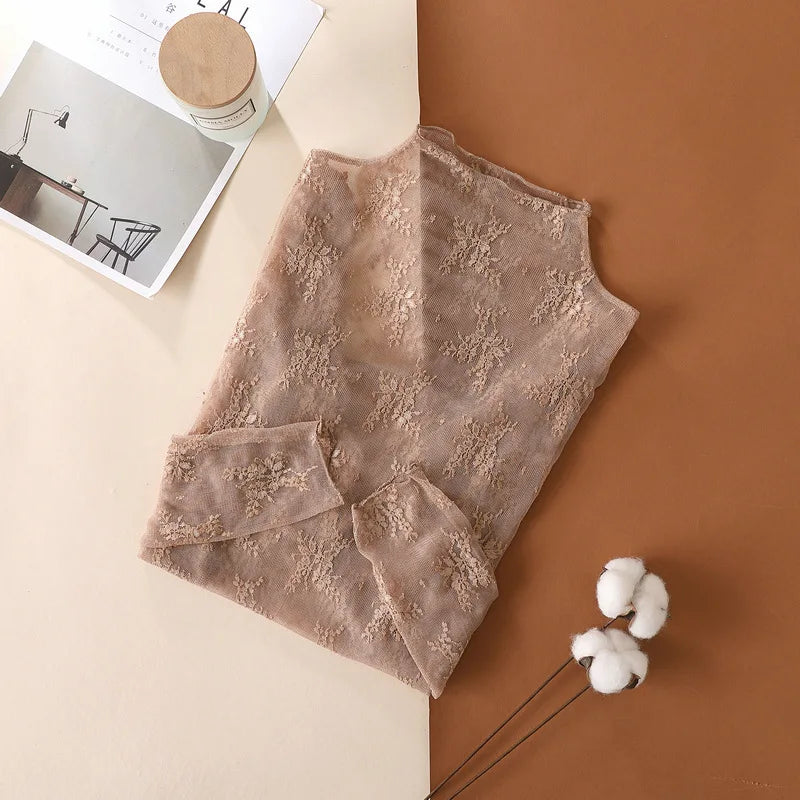 Transparent mesh top with long floral lace sleeves for women