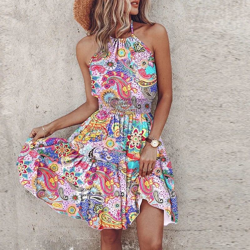Mini robe dos nu fluide style bohème avec motif coloré et coupe confortable