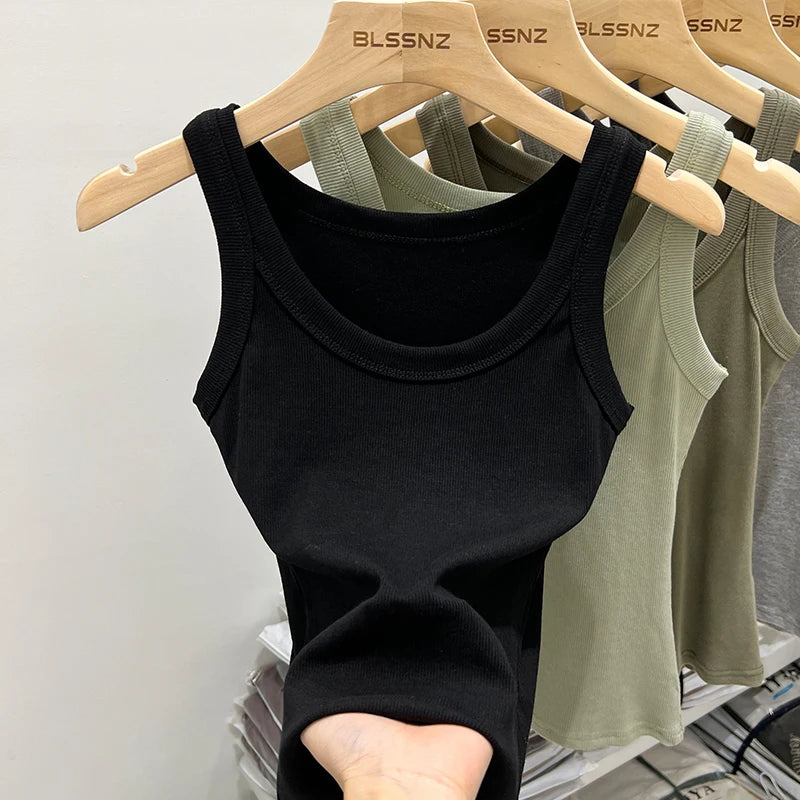 Elastic ribbed knit sleeveless round neck tank tops for women