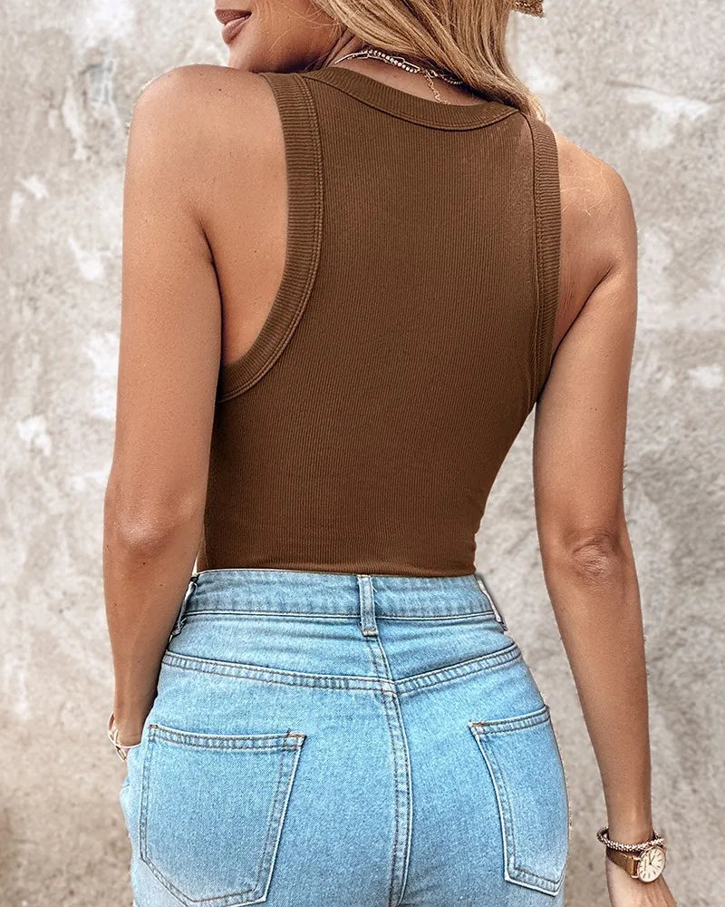 Casual ribbed knit sleeveless tank tops, padded and fitted