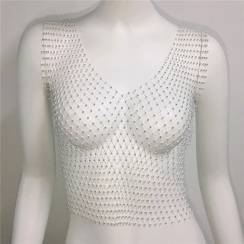 Sleeveless transparent mesh top decorated with rhinestones for women