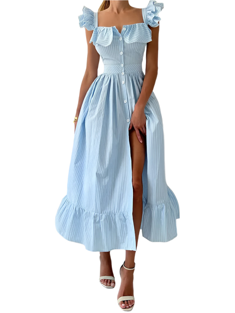 Elegant dress with flounced hem, square neckline, and flounced sleeves for women