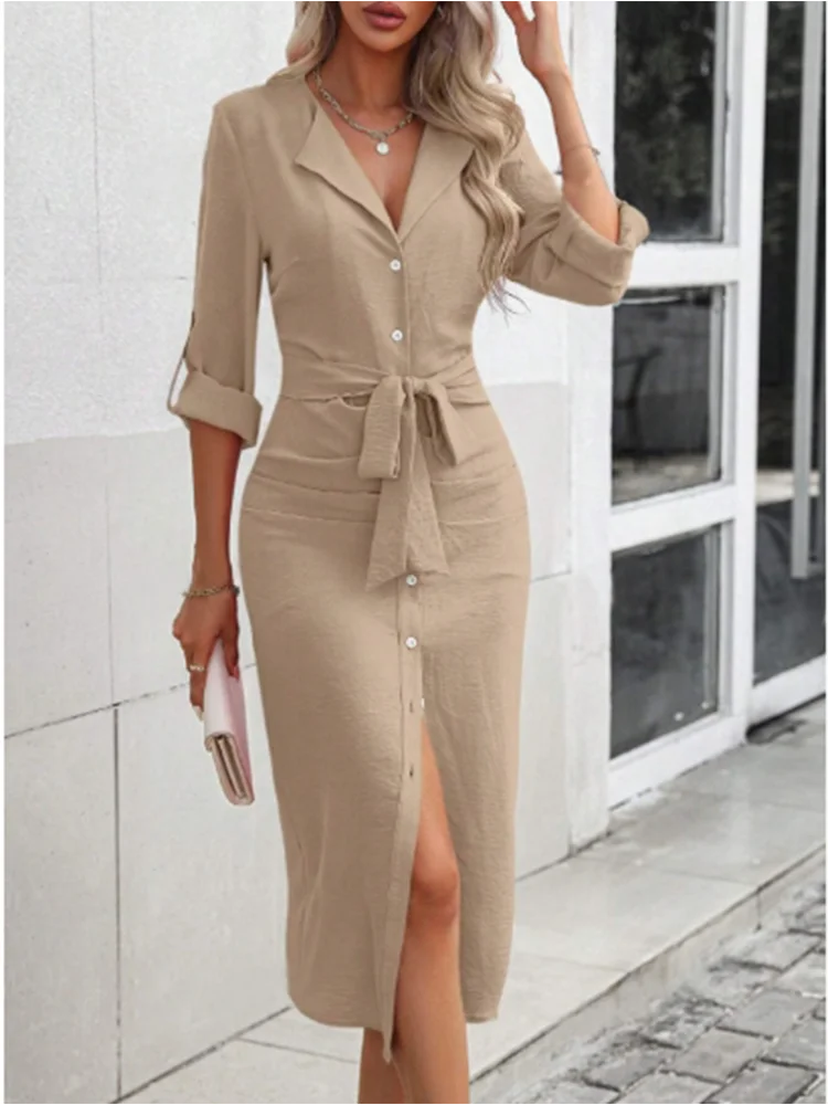 Mid-length shirt dress with V-neck collar and belt – Elegant office style