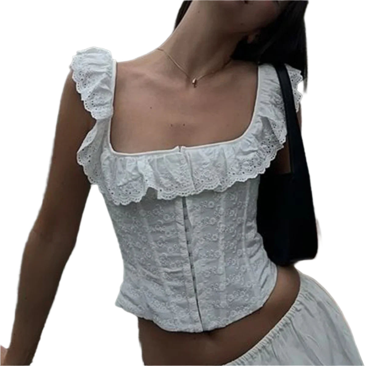 Hauts coquettes à volants blancs avec lacets style corset pour femme