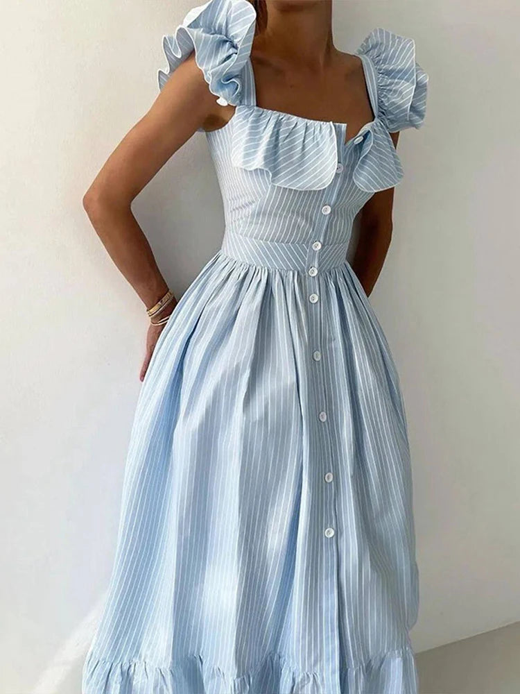 Elegant dress with flounced hem, square neckline, and flounced sleeves for women